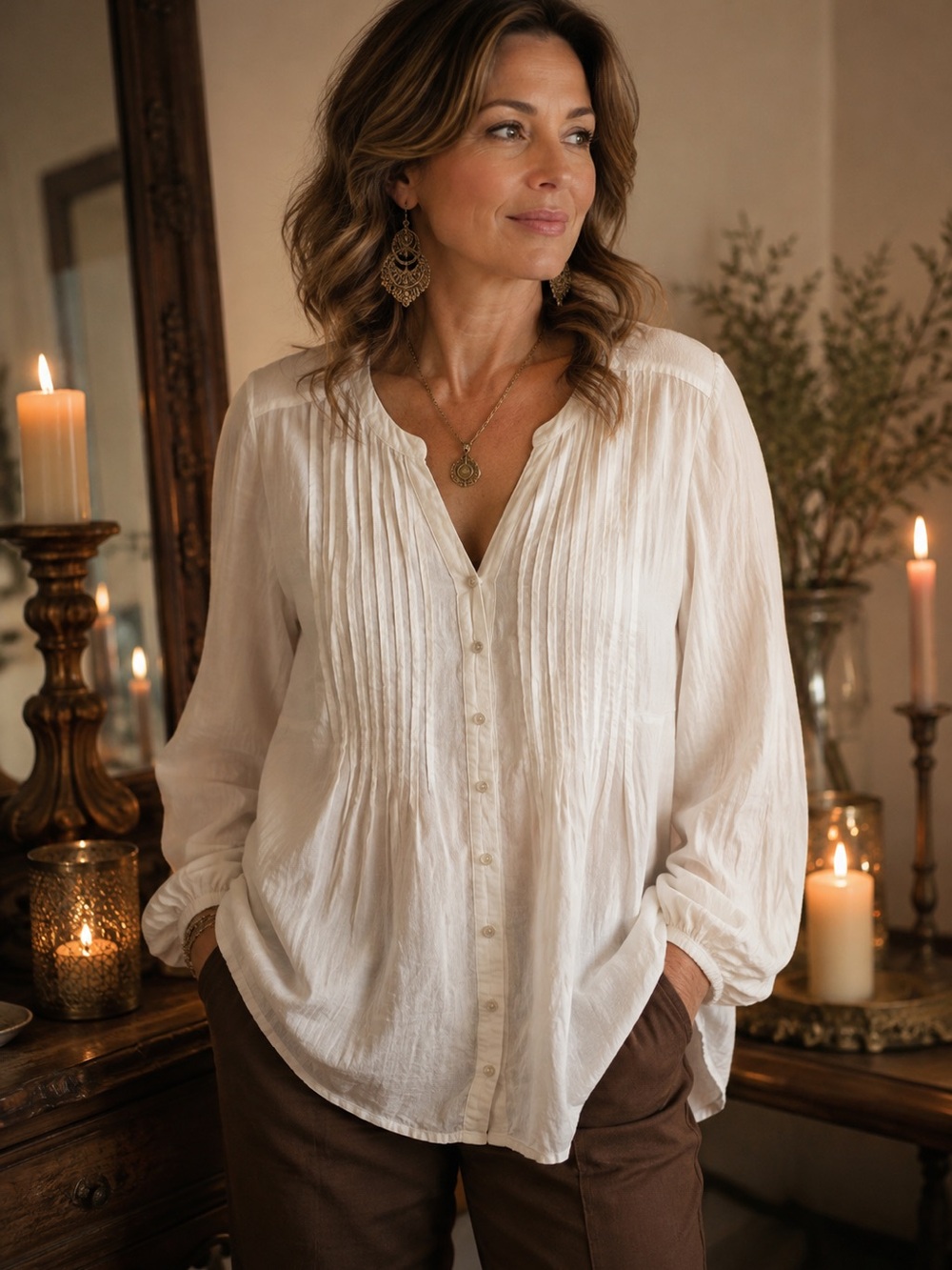 4 Chicos OFF White Pintuck Button-Front Tunic Blouse